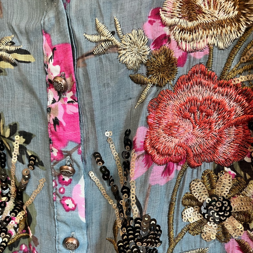 Aratta Silent Journey long sleeve blouse floral embroidered blue size medium - Picture 7 of 8